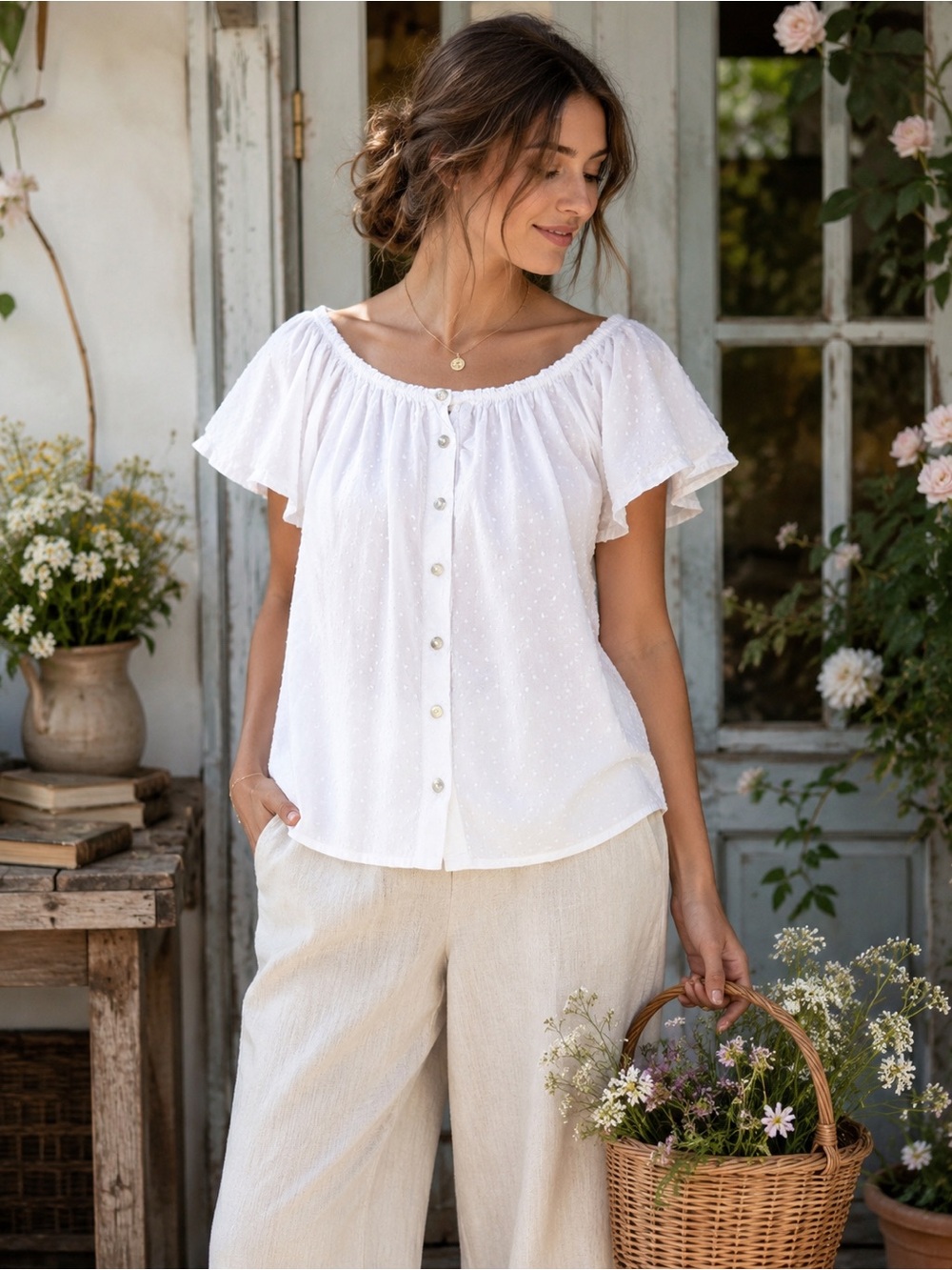 Terzo Millennio Made in Italy White Swiss Dot Cotton Peasant Blouse Medium - Picture 1 of 10